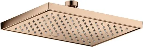Kopfbrause in glänzend rosegold mit rechteckigem Kopf und mehreren Düsen, montiert an einer Decke, mit dem AXOR-Logo sichtbar auf der Oberfläche.